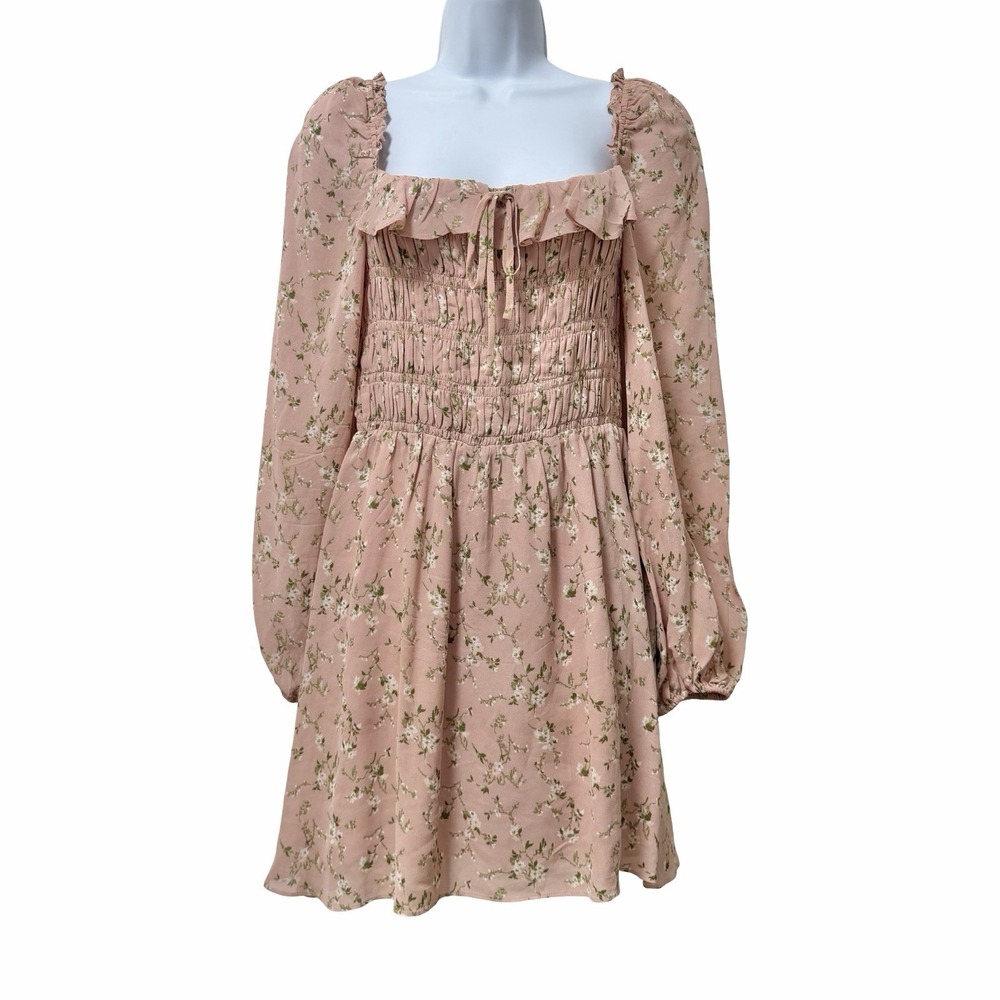 Reformation Morris Smocked Floral Long Sleeve Mini Dress Size 4 Pink Romantic